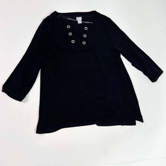 Chico's Travelers Tunic Womens Large Black Eyelet V-Neck Side Slit Slinky - Picture 1 of 12